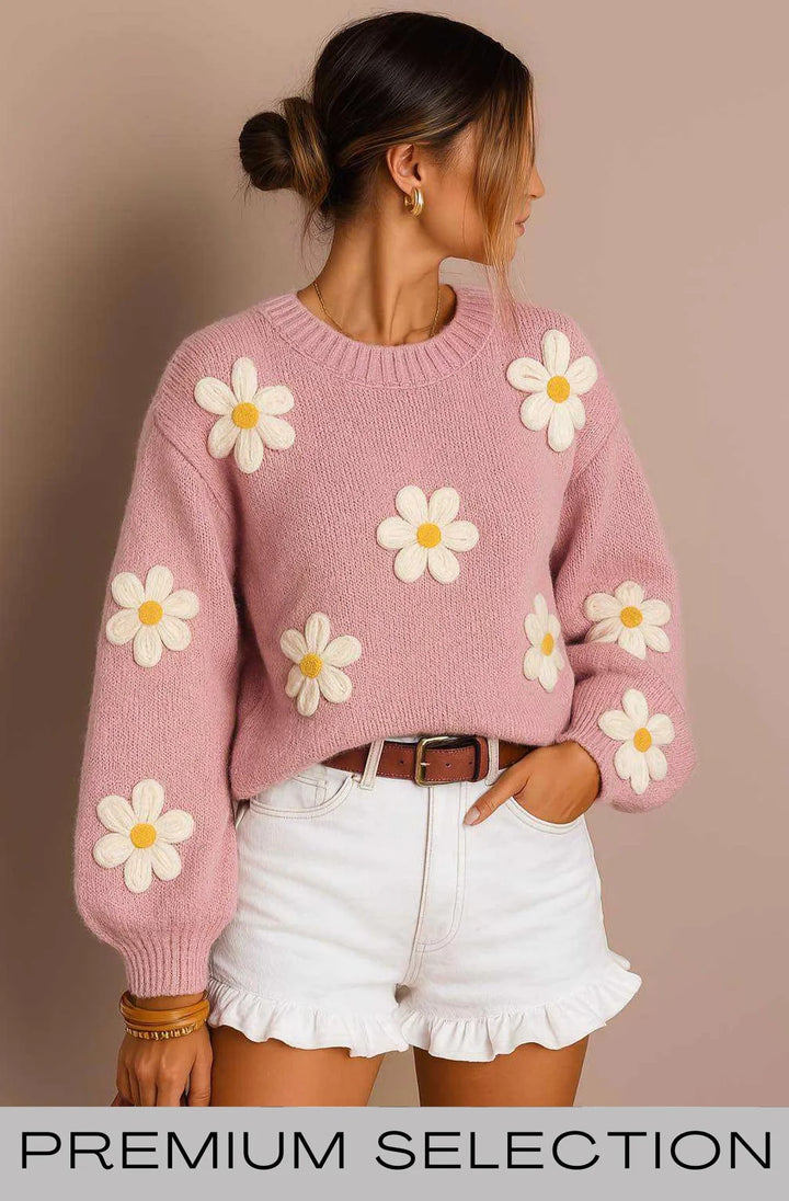 AUTUMN ‘DAISY’ EMBROIDERED KNIT SWEATER JUMPER-DUSTY PINK