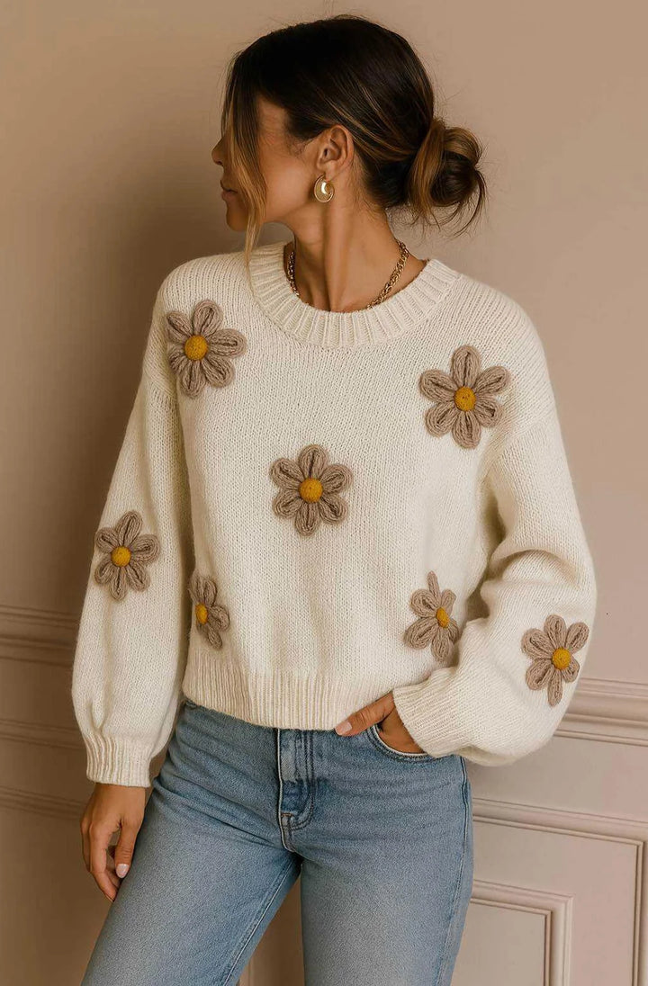 AUTUMN ‘DAISY’ EMBROIDERED KNIT SWEATER JUMPER-IVORY