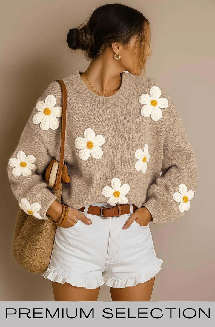 AUTUMN ‘DAISY’ EMBROIDERED KNIT SWEATER JUMPER-STONE