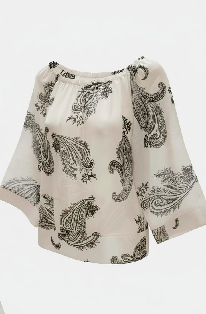 Aylene Paisley Bardot Off-Shoulder Blouse Top-Black