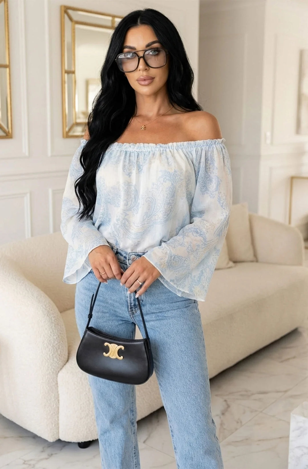 Aylene Paisley Bardot Off-Shoulder Blouse Top-Blue