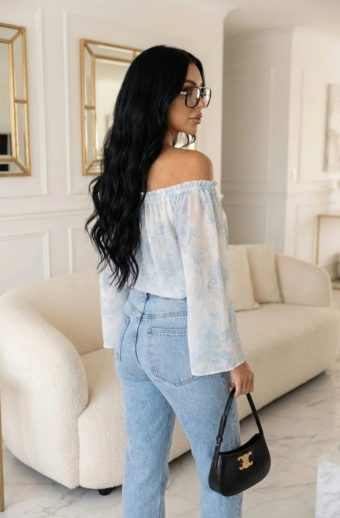 Aylene Paisley Bardot Off-Shoulder Blouse Top-Blue