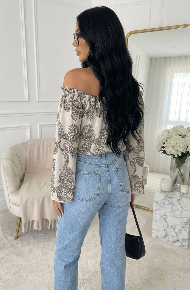 Aylene Paisley Bardot Off-Shoulder Blouse Top-Black