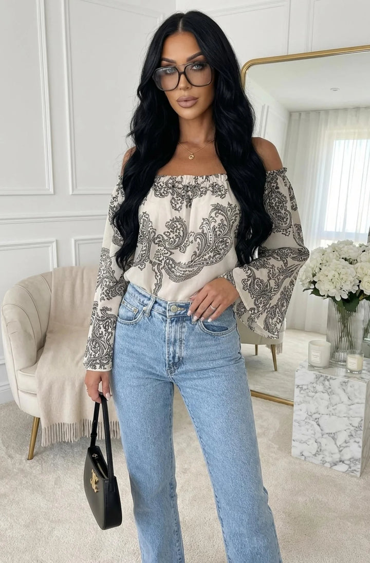 Aylene Paisley Bardot Off-Shoulder Blouse Top-Black