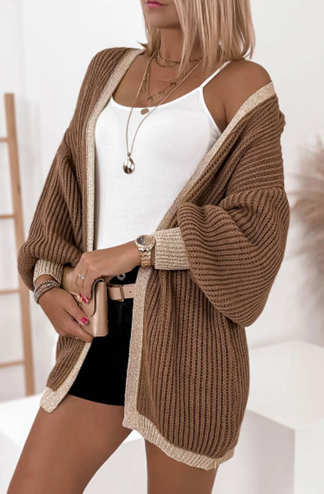 BECCA SHIMMER KNITTED LONGLINE CARDIGAN-CHOCOLATE