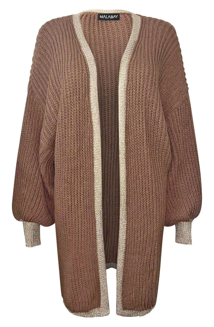BECCA SHIMMER KNITTED LONGLINE CARDIGAN-CHOCOLATE