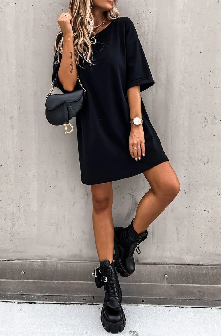BECKIE OVERSIZED TUNIC T-SHIRT DRESS TOP-BLACK
