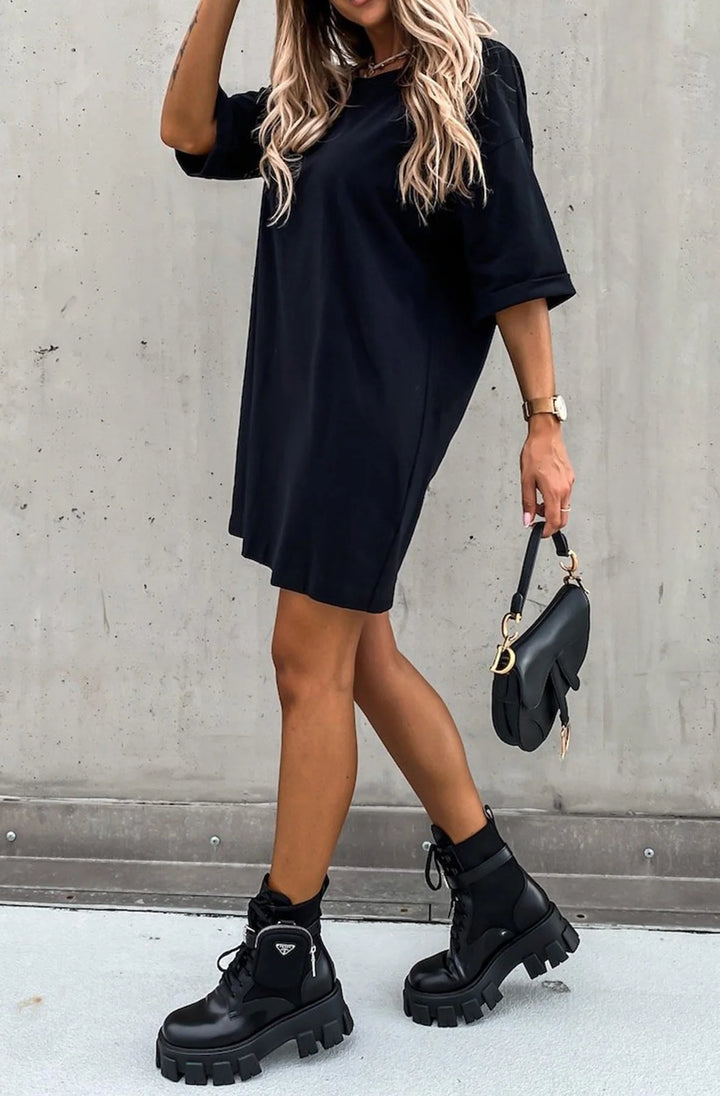 BECKIE OVERSIZED TUNIC T-SHIRT DRESS TOP-BLACK