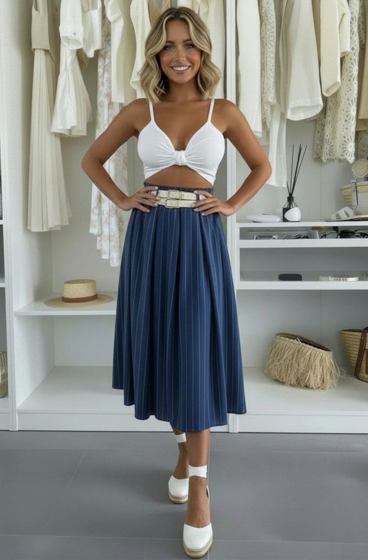 Beline High Waisted Pinstripe Belted A-Line Midaxi Skirt-Dark Blue