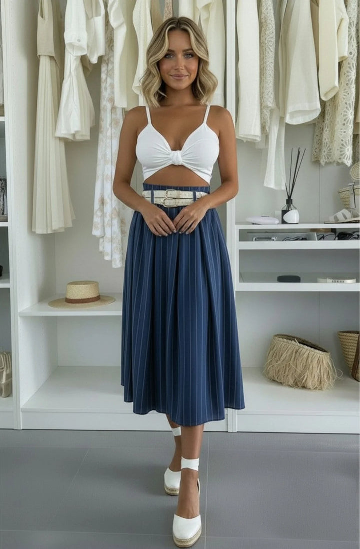 Beline High Waisted Pinstripe Belted A-Line Midaxi Skirt-Dark Blue