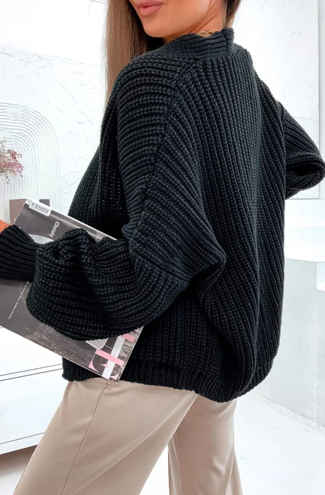 BELLA POCKET DETAIL KNITTED CARDIGAN-BLACK
