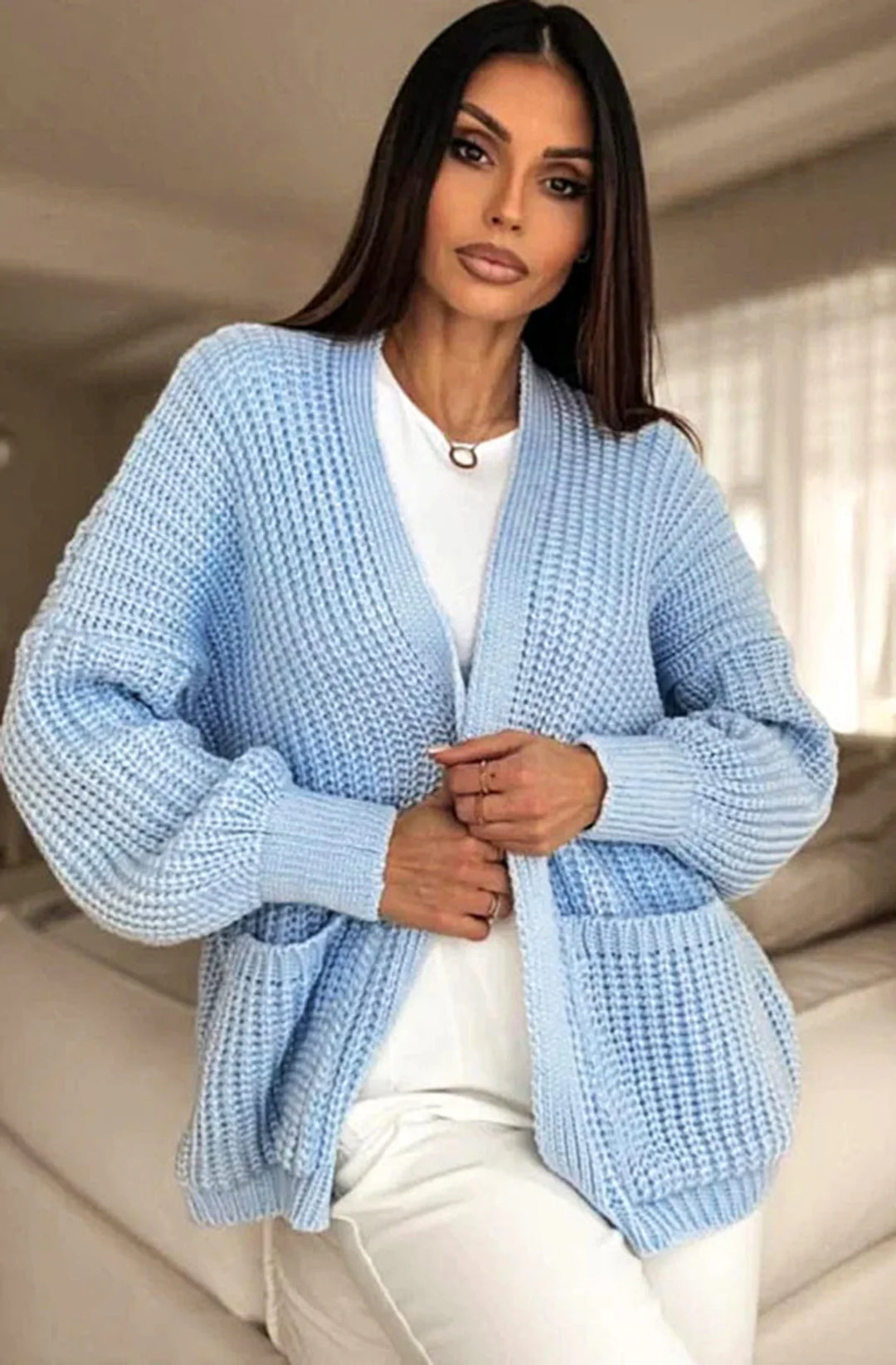 BELLA POCKET DETAIL KNITTED CARDIGAN-BLUE