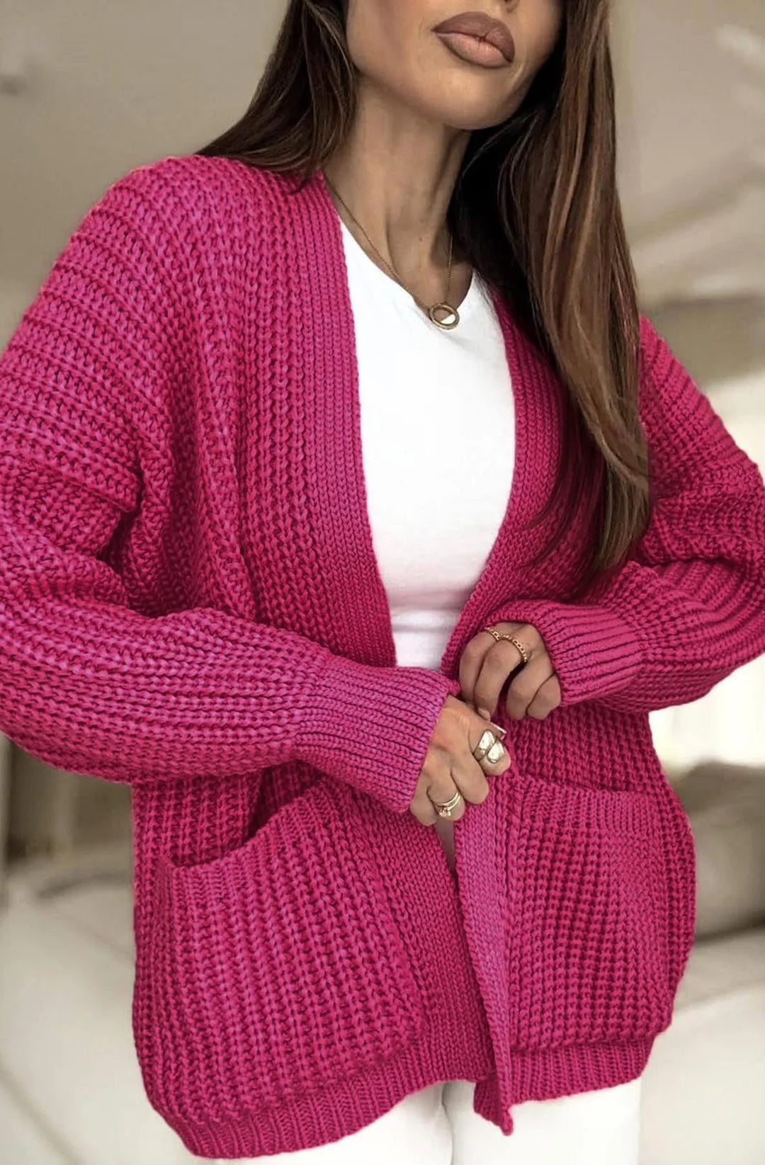 BELLA POCKET DETAIL KNITTED CARDIGAN-HOT PINK