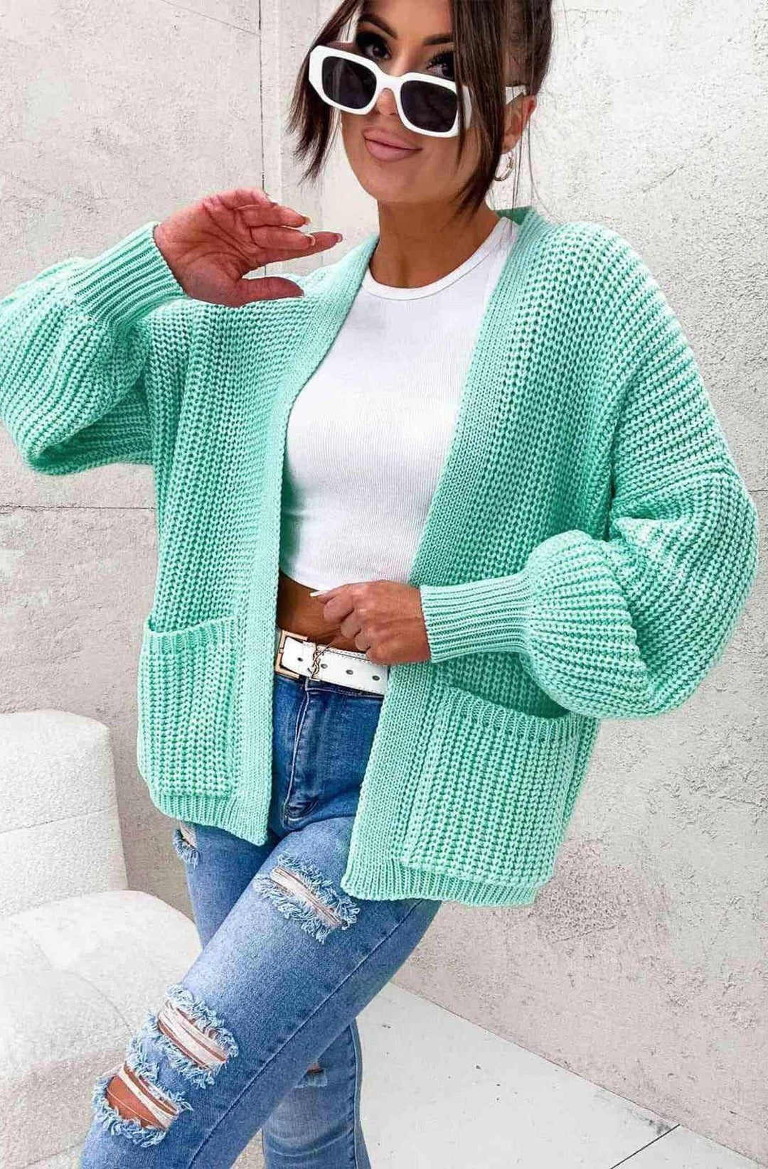 BELLA POCKET DETAIL KNITTED CARDIGAN-MINT
