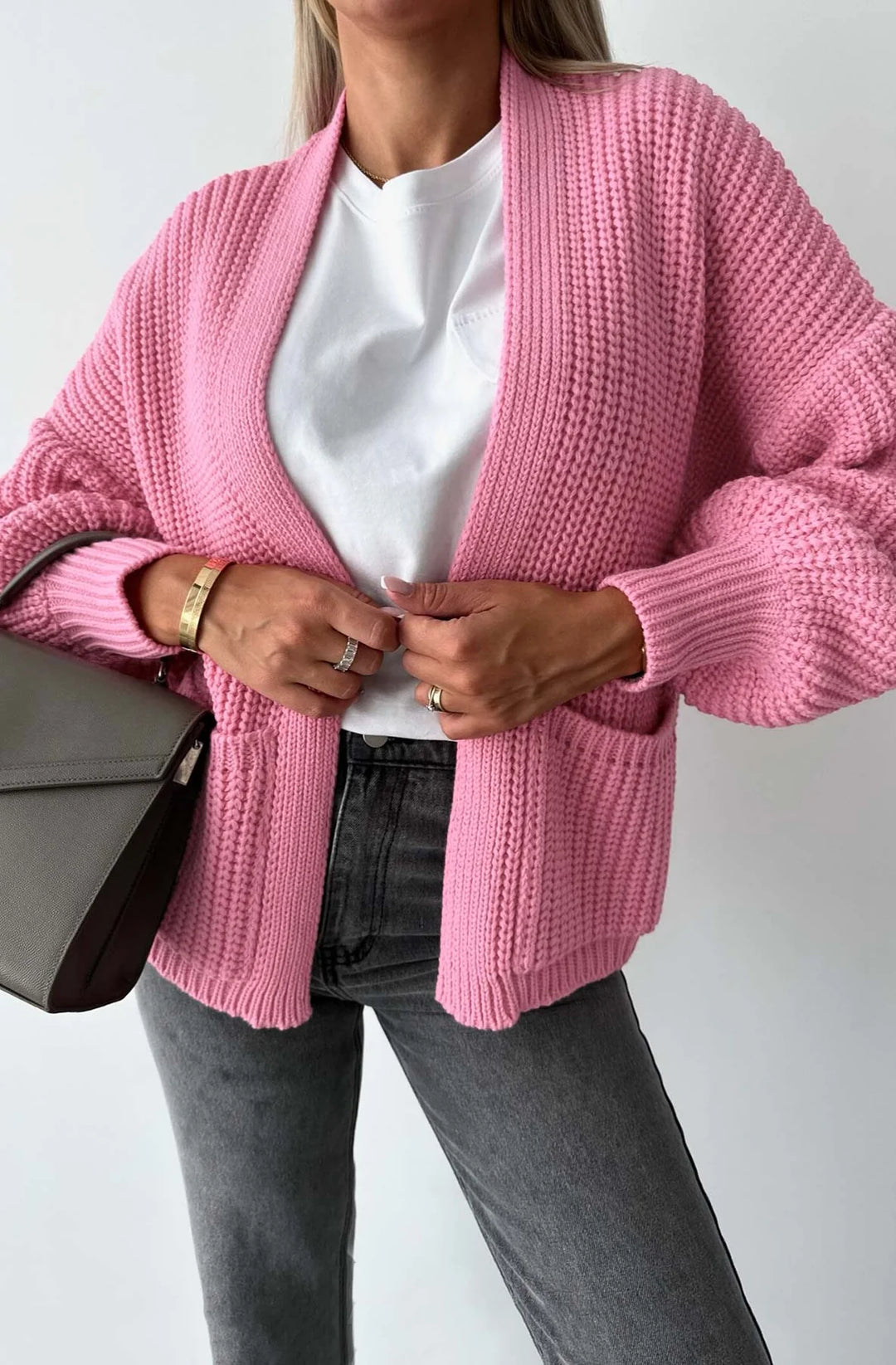 BELLA POCKET DETAIL KNITTED CARDIGAN-PINK
