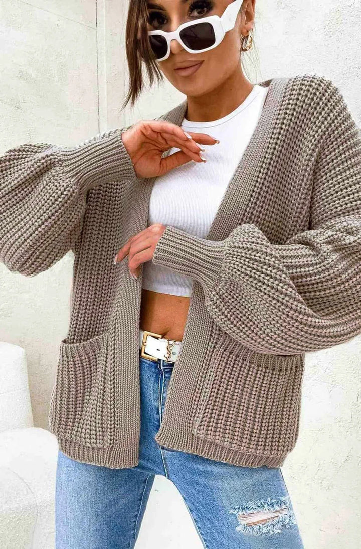 BELLA POCKET DETAIL KNITTED CARDIGAN-STONE