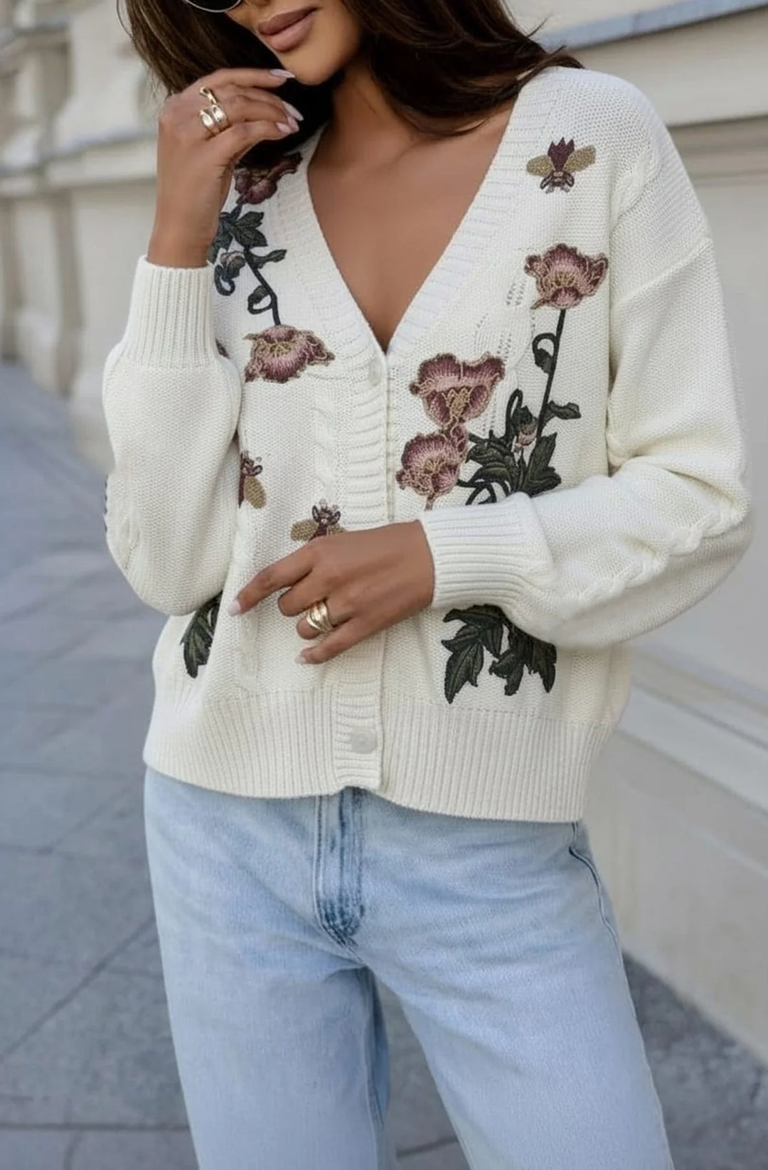 Bianca Floral Embroidered Cardigan-Ivory