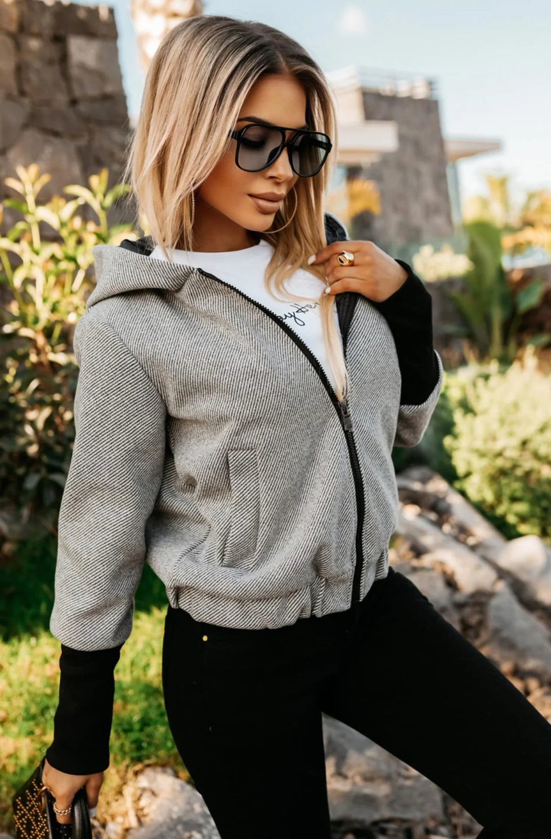BRIANA CONTRAST HOODED BOMBER JACKET-GREY