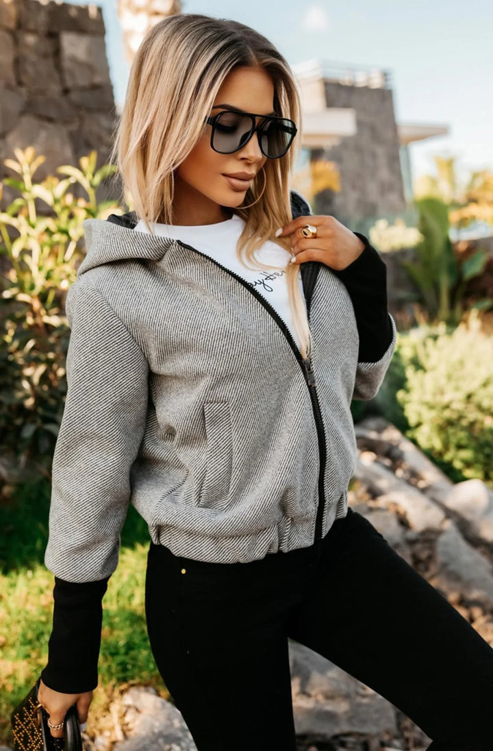 BRIANA CONTRAST HOODED BOMBER JACKET-GREY