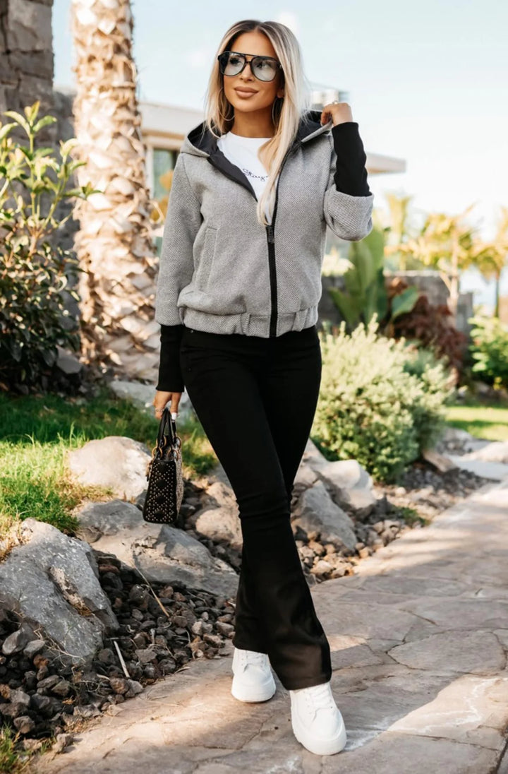 BRIANA CONTRAST HOODED BOMBER JACKET-GREY