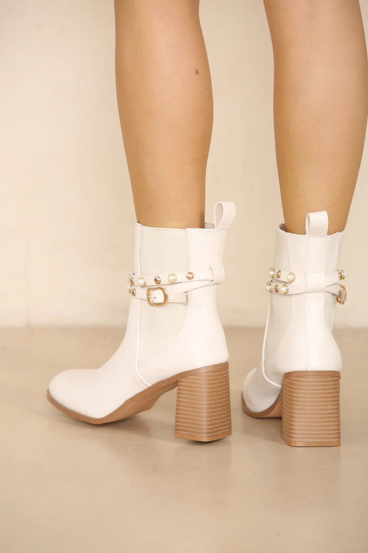 CREAM PU BLOCK HEEL ANKLE BOOTS WITH FAUX PEARL DETAIL