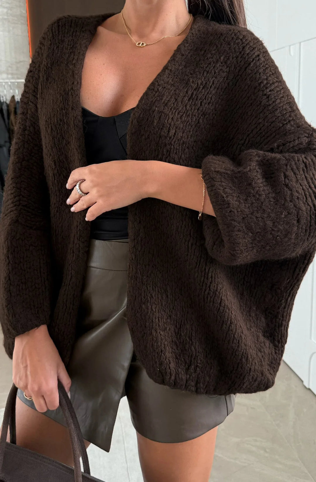 ROMY OVERSIZED KNITTED CARDIGAN-BROWN