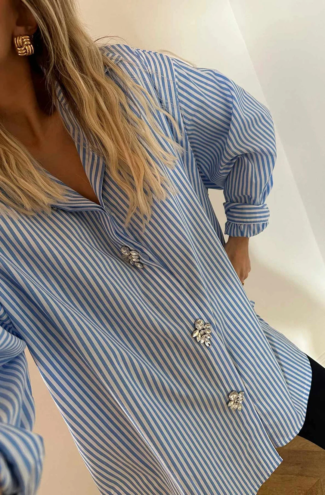 CELESTE STRIPED DIAMANTE OVERSIZED BLOUSE SHIRT TOP-BLUE