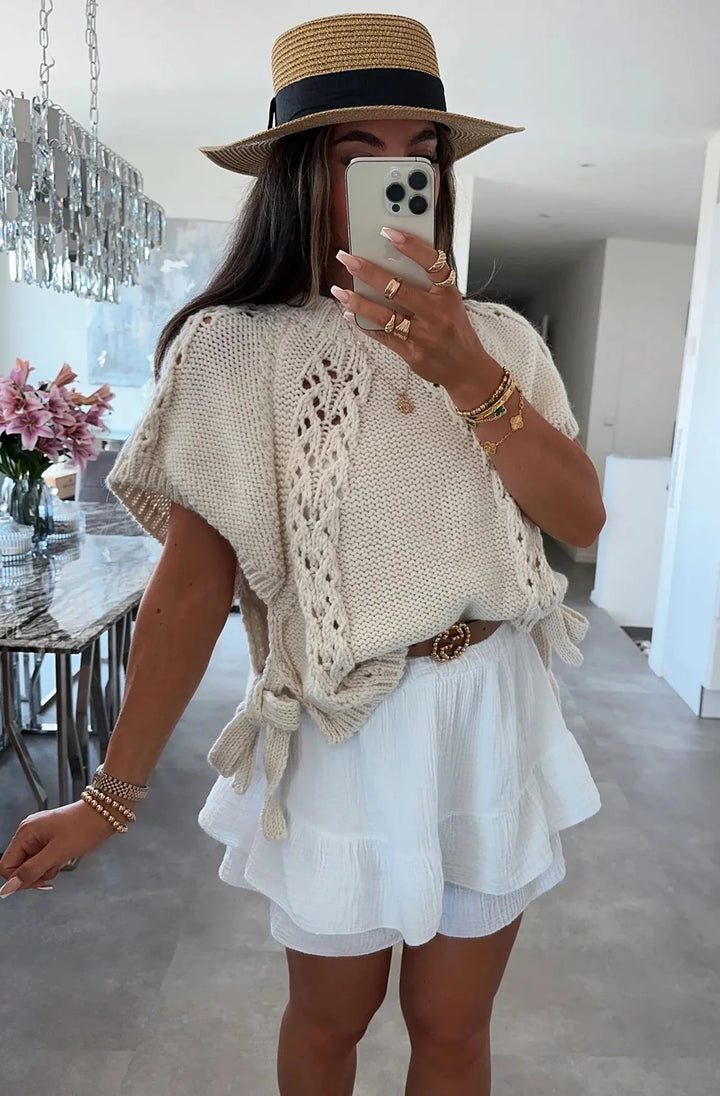 CELIA PONCHO SIDE TIE UP KNITTED JUMPER TOP-STONE