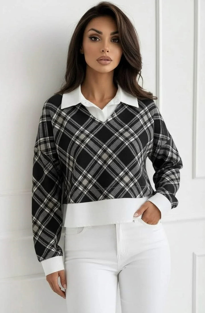 Cherie Check Print V-Neck Layered Effect Sweatshirt Top-Black