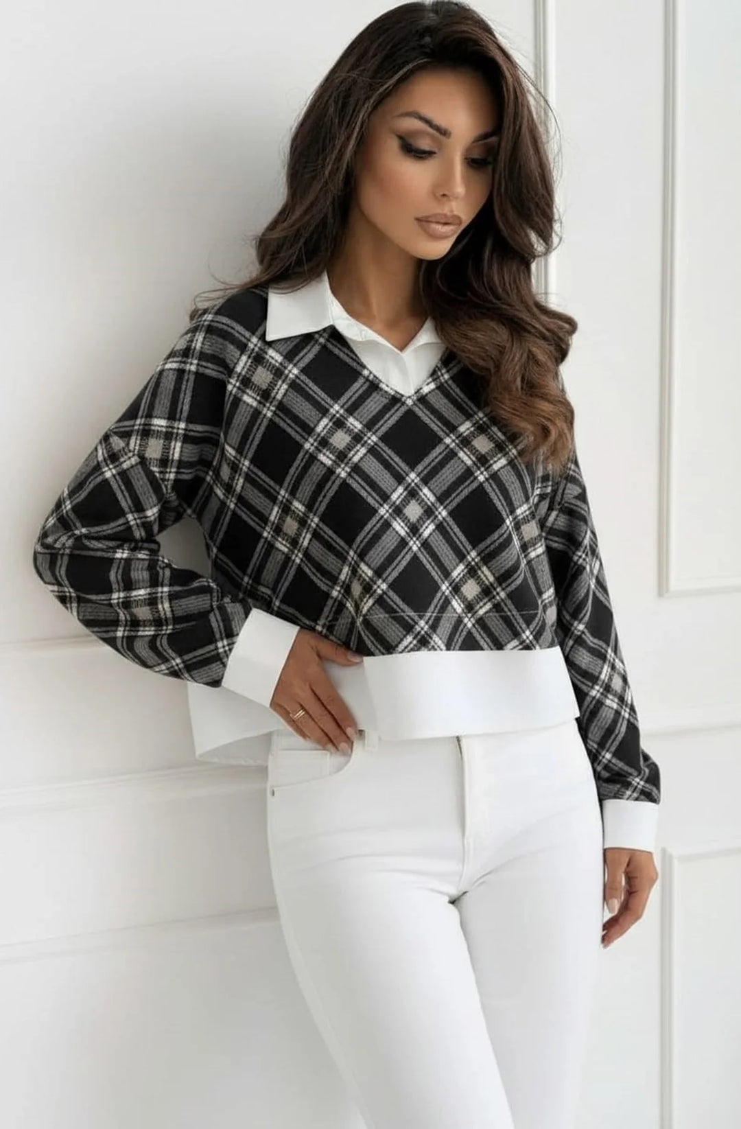 Cherie Check Print V-Neck Layered Effect Sweatshirt Top-Black