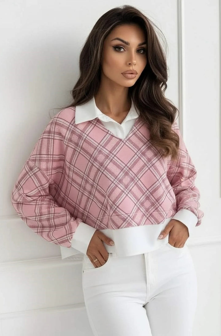 Cherie Check Print V-Neck Layered Effect Sweatshirt Top-Pink