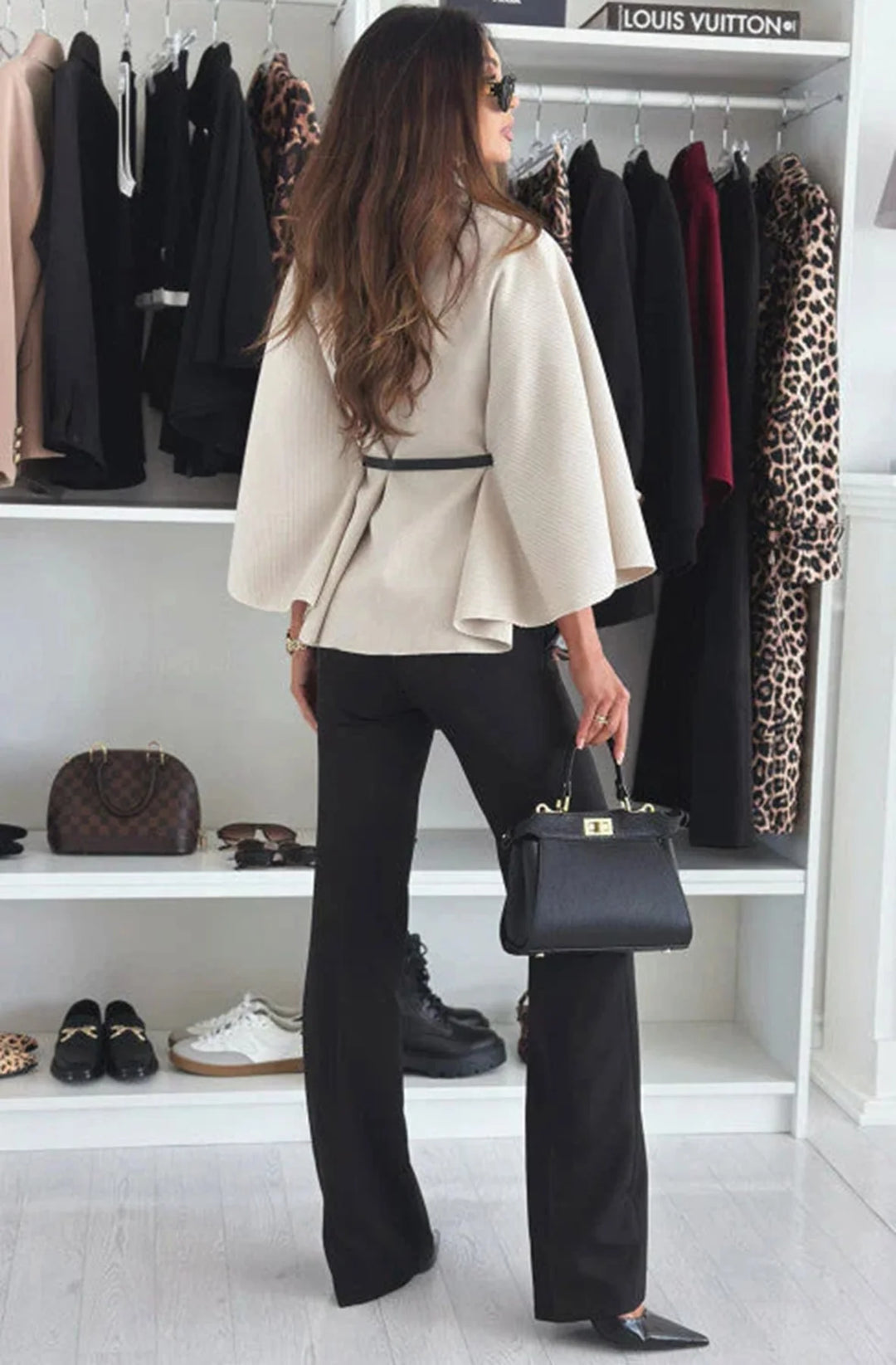 CHERISE BUTTON DETAIL BELTED PONCHO-STONE