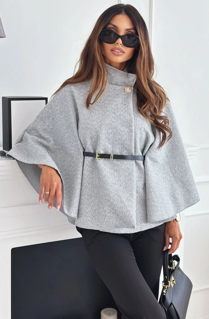 CHERISE BUTTON DETAIL BELTED PONCHO-GREY