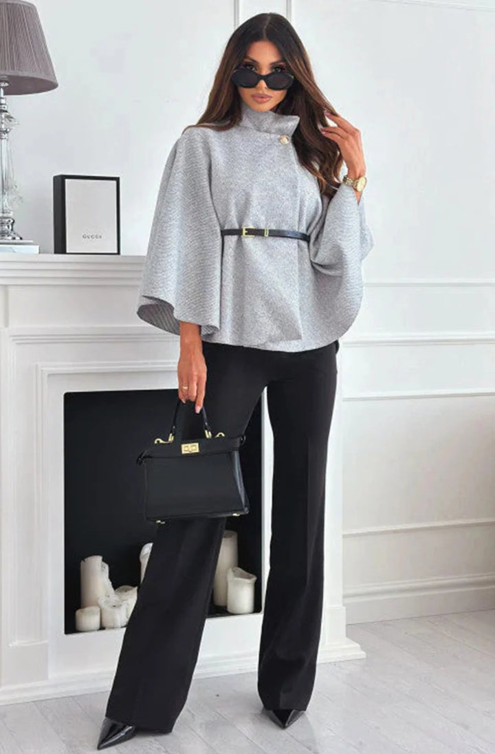CHERISE BUTTON DETAIL BELTED PONCHO-GREY
