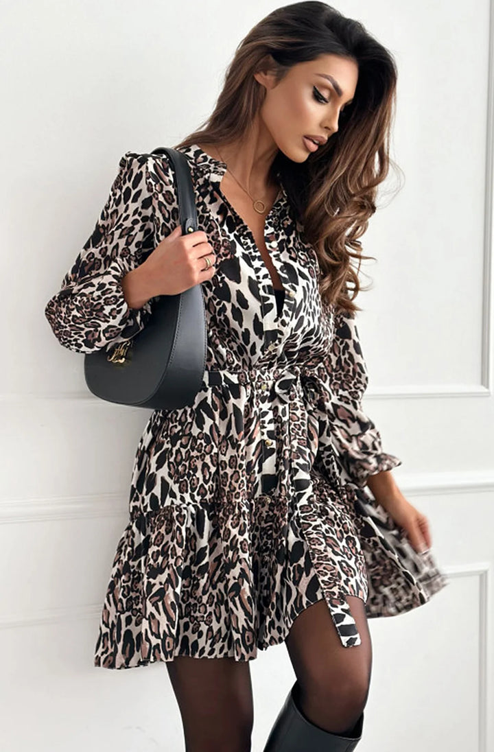 CHLOE LEOPARD PRINT BELTED FRILL DRESS-BROWN