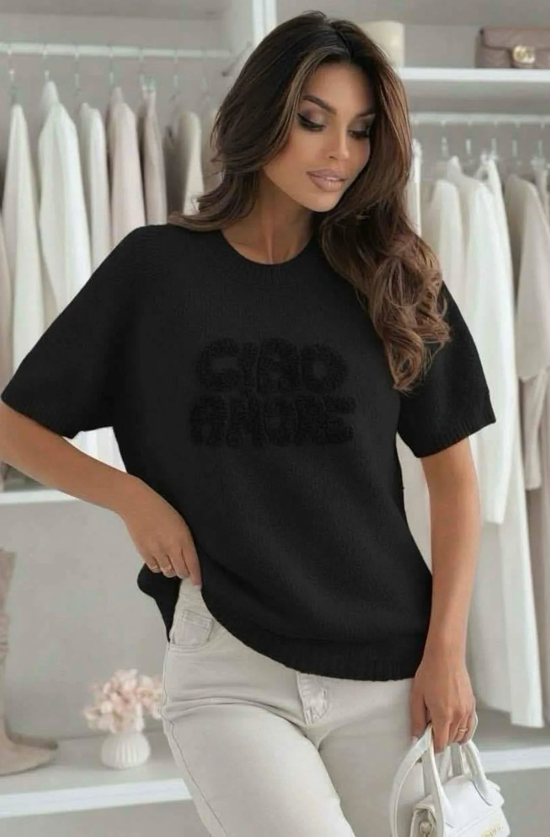 Ciao Amore' Short Sleeve Alpaca Blend Lightweight Knitted Sweater Top-Black