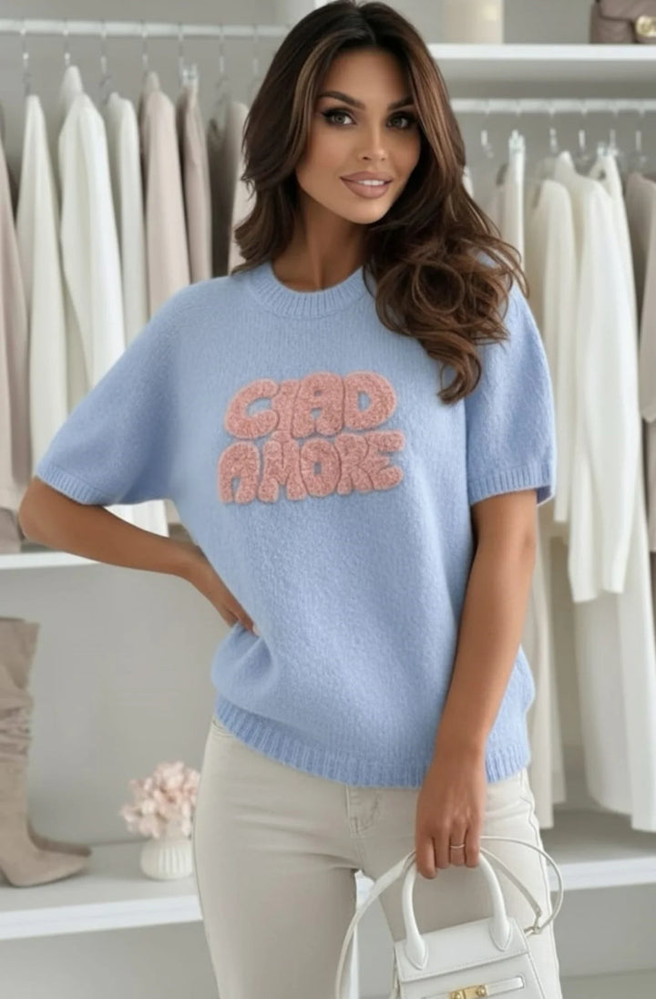 Ciao Amore' Short Sleeve Alpaca Blend Lightweight Knitted Sweater Top-Blue