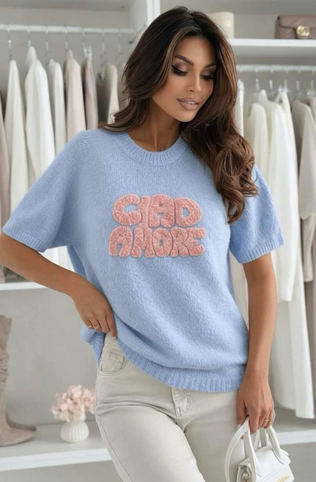 Ciao Amore' Short Sleeve Alpaca Blend Lightweight Knitted Sweater Top-Blue