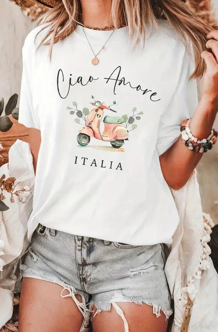 Ciao Amore - Italia' Graphic Printed T-Shirt Top-Ivory