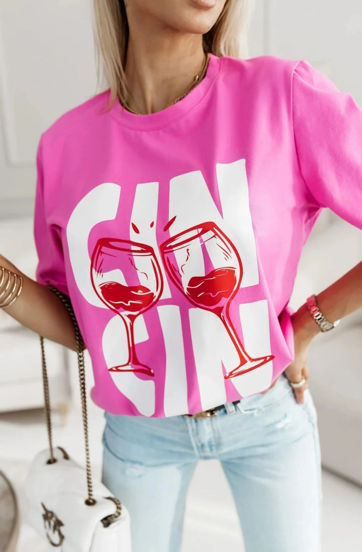 'CIN CIN' GRAPHIC PRINT T-SHIRT TOP-PINK