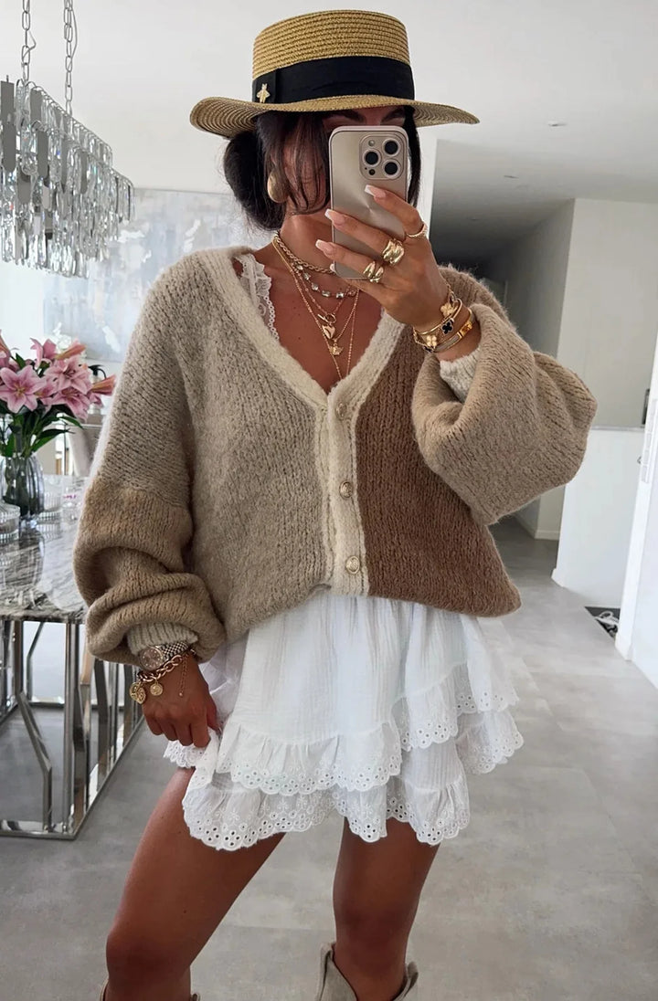 CINDY COLOUR BLOCK CONTRAST KNITTED CARDIGAN-BROWN