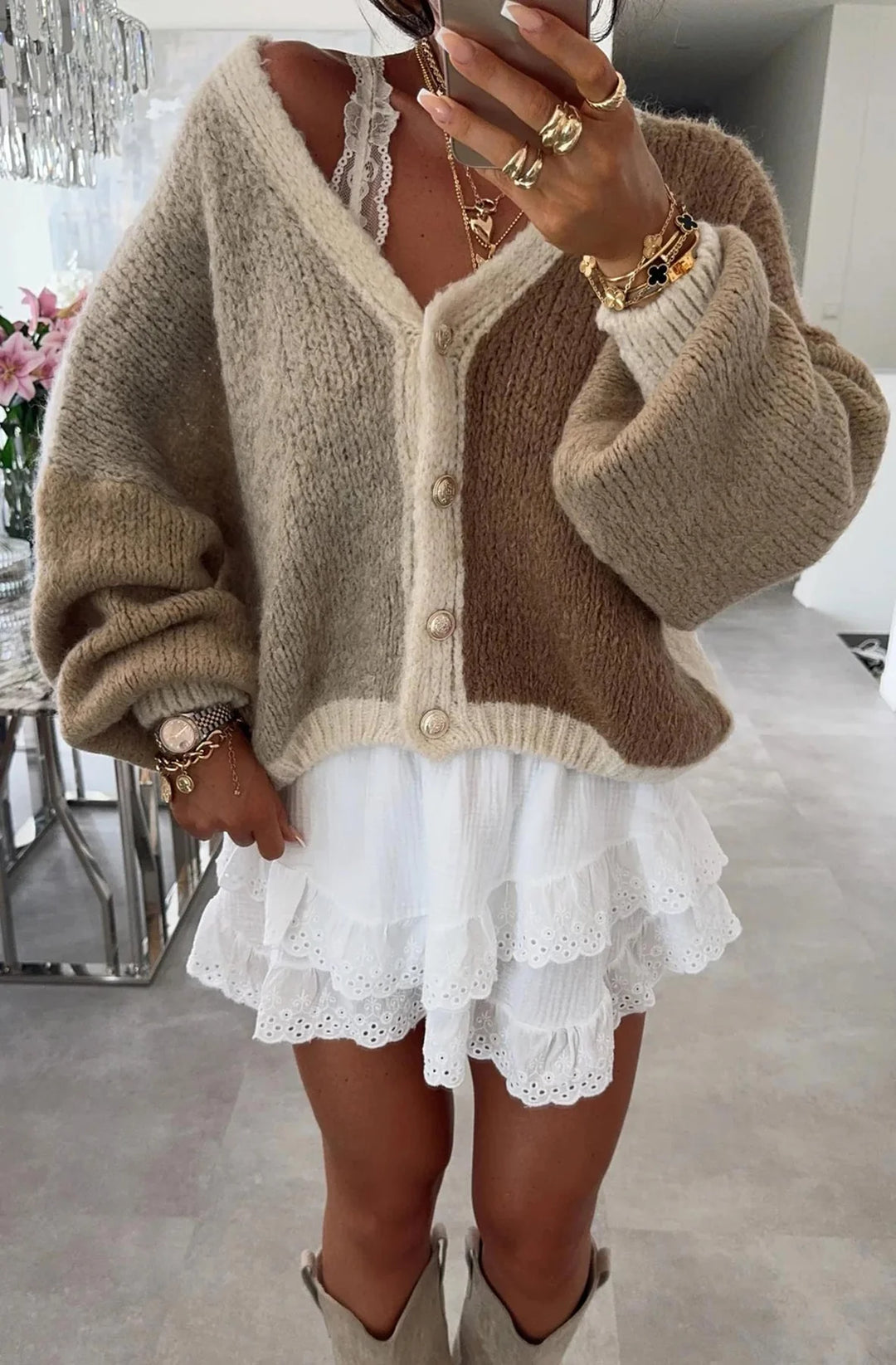 CINDY COLOUR BLOCK CONTRAST KNITTED CARDIGAN-BROWN
