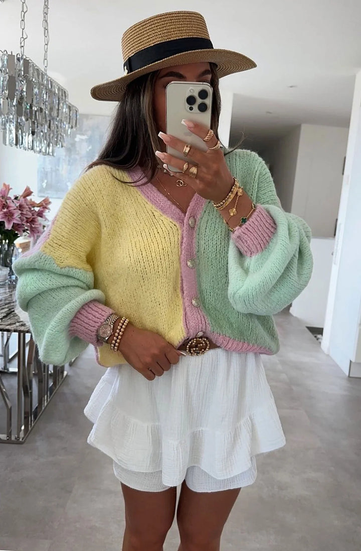 CINDY COLOUR BLOCK CONTRAST KNITTED CARDIGAN-YELLOW