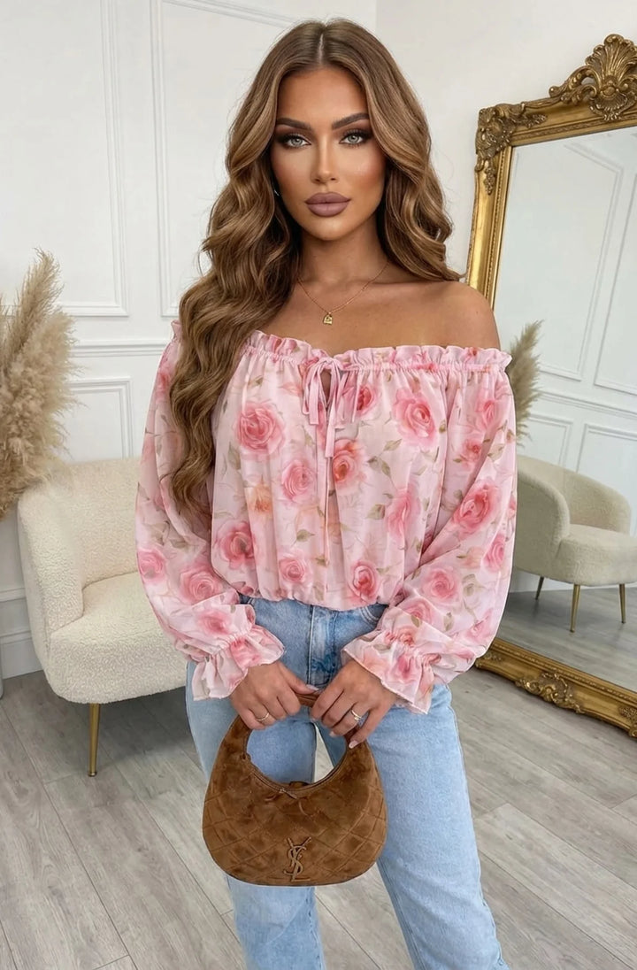 Claire Floral Bardot Off-Shoulder Frill Shirred Waist Shirt Blouse Top-Pink