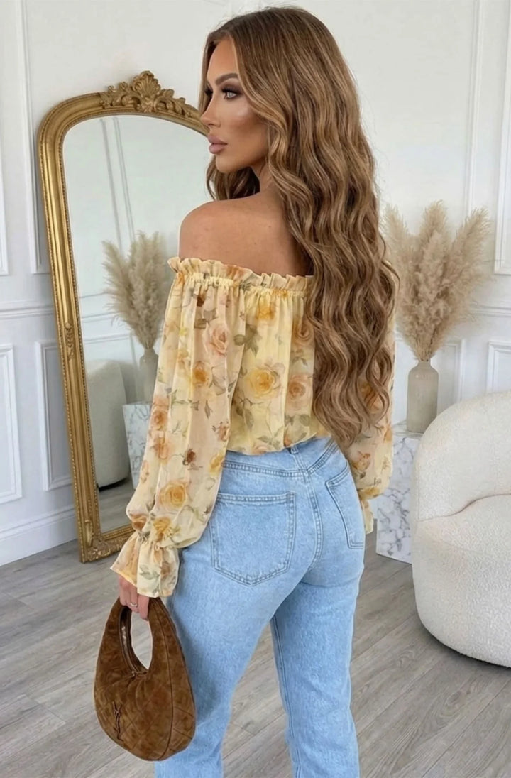 Claire Floral Bardot Off-Shoulder Frill Shirred Waist Shirt Blouse Top-Yellow