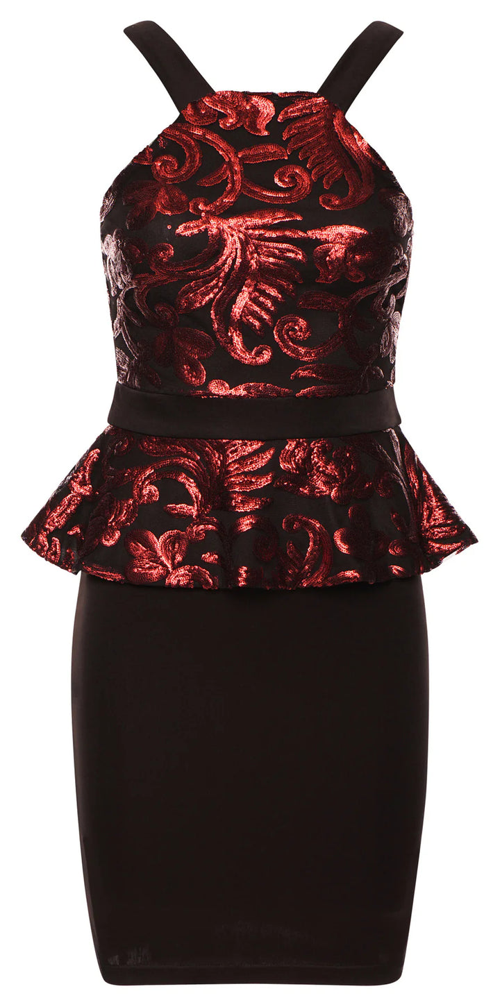 CHARLOTTE SEQUIN PEPLUM DRESS-WINE