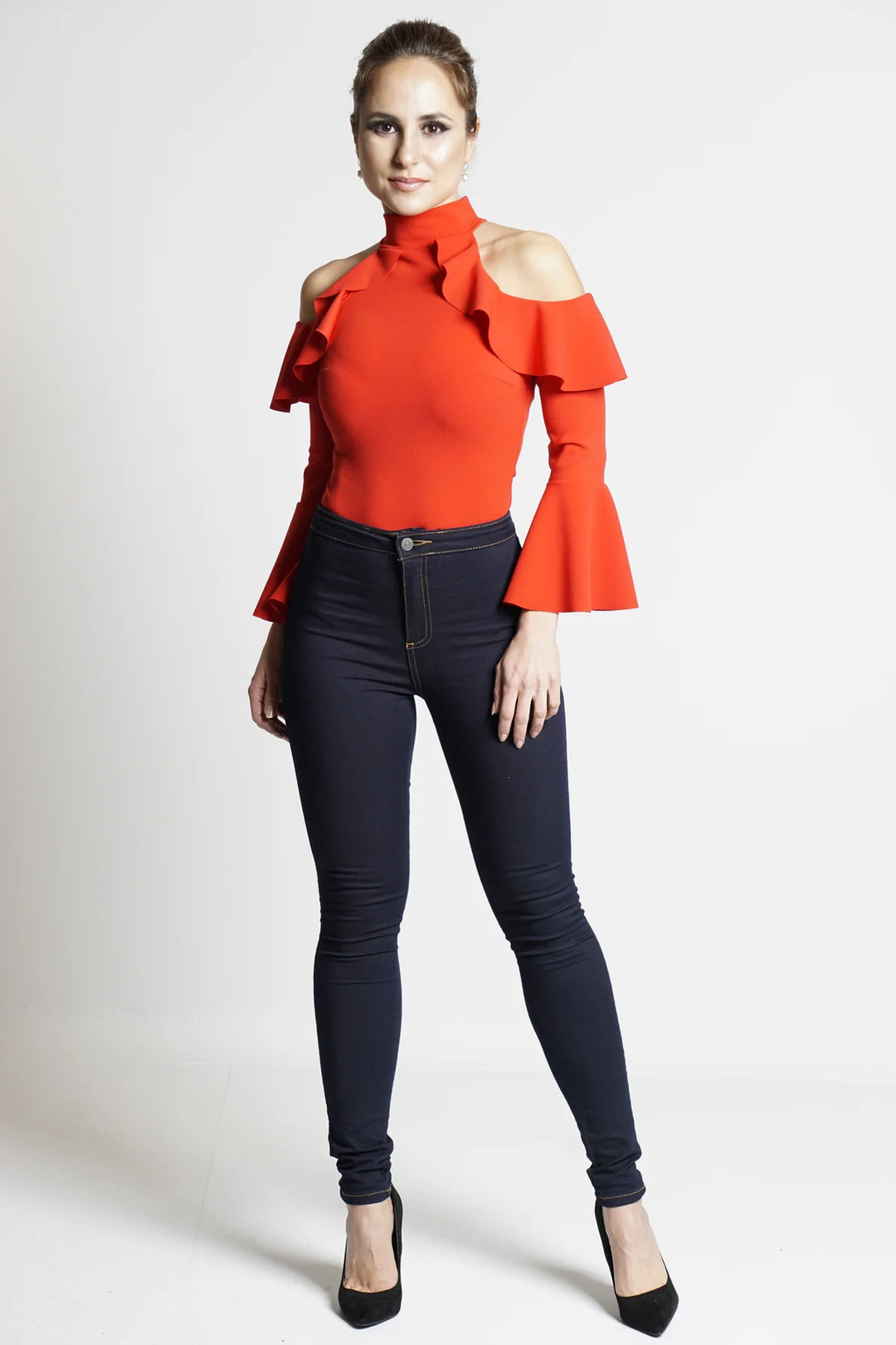 DARIA FRILL OVERLAY BODYSUIT-RED