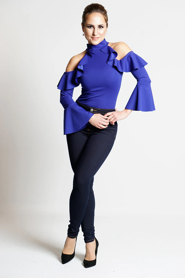 DARIA COLD SHOULDER FRILL OVERLAY BODYSUIT TOP - ROYAL BLUE