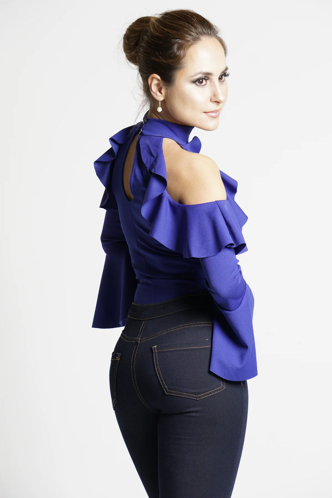 DARIA COLD SHOULDER FRILL OVERLAY BODYSUIT TOP - ROYAL BLUE