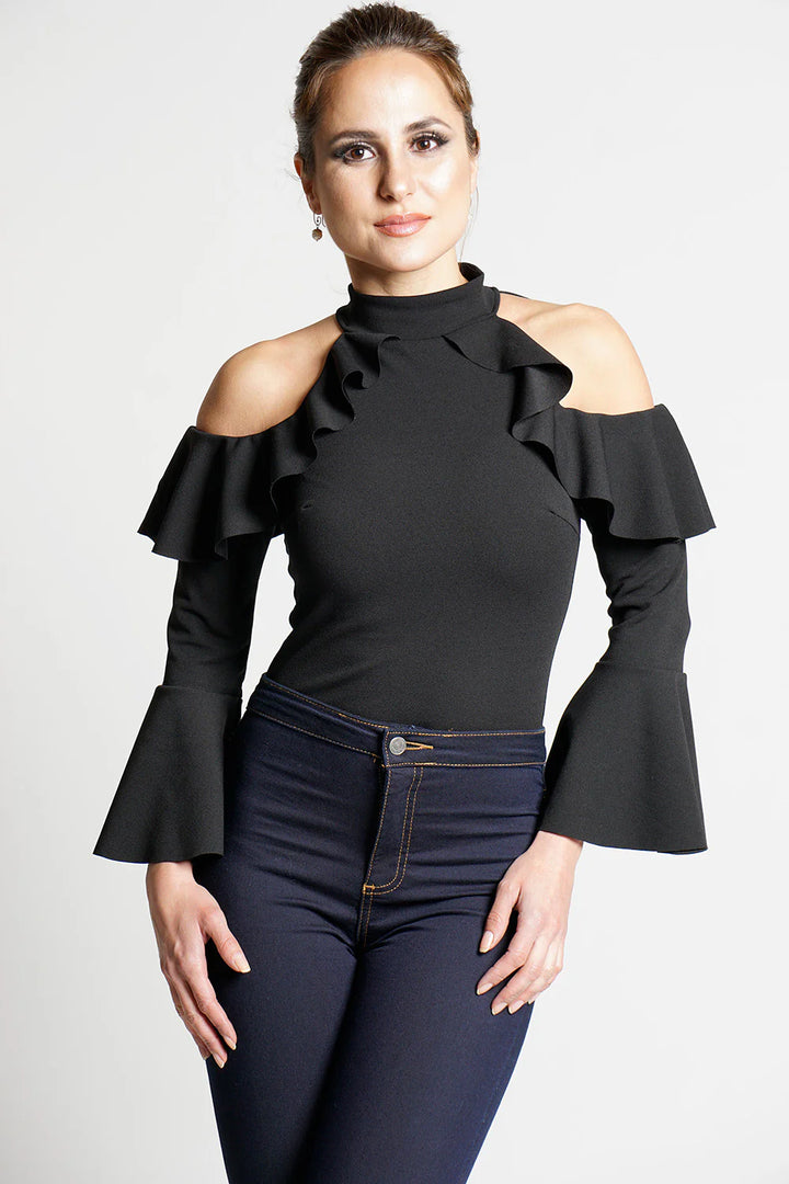 DARIA FRILL OVERLAY BODYSUIT-BLACK